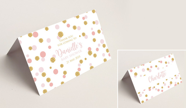 Pink Gold Confetti Baby Shower Place Cards With Guest Names