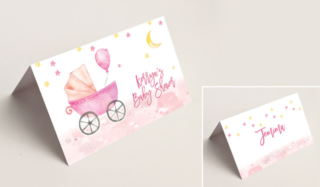 Pram Pink Baby Shower Place Cards With Guest Names