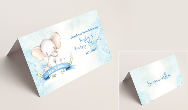 Sitting Elephant Blue Baby Shower Place Cards With Guest Names