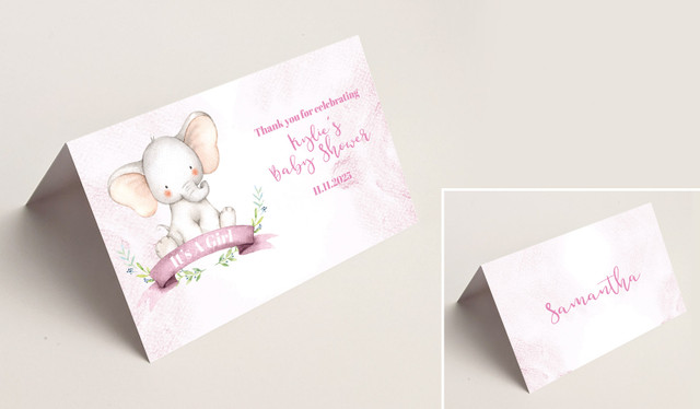 Sitting Elephant Pink Baby Shower Place Cards With Guest Names