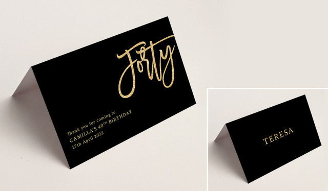 40th Black Place Cards With Guest Names