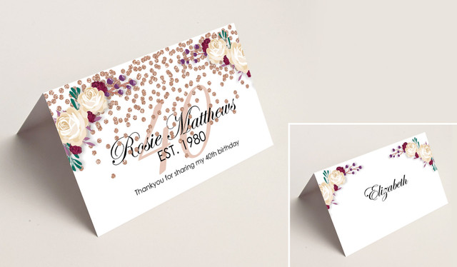 40th Rose Gold Confetti Place Cards With Guest Names