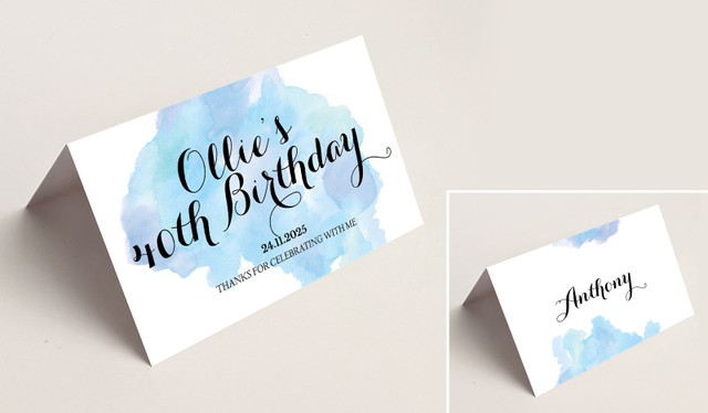 A Splash Of Water Colour Blue Place Cards With Guest Names