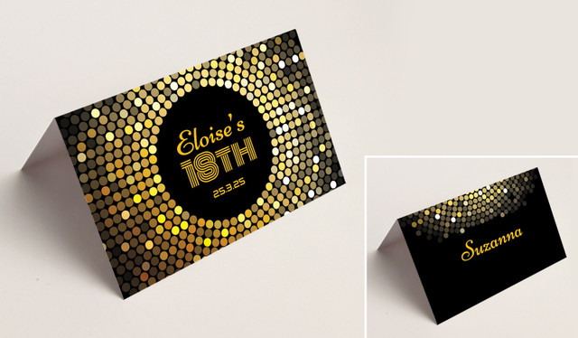 Disco Gold Place Cards With Guest Names