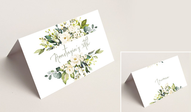 White Roses Place Cards With Guest Names