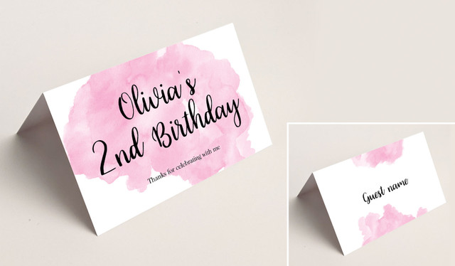A Splash Of Watercolour Pink Kids Party Place Cards With Guest Names