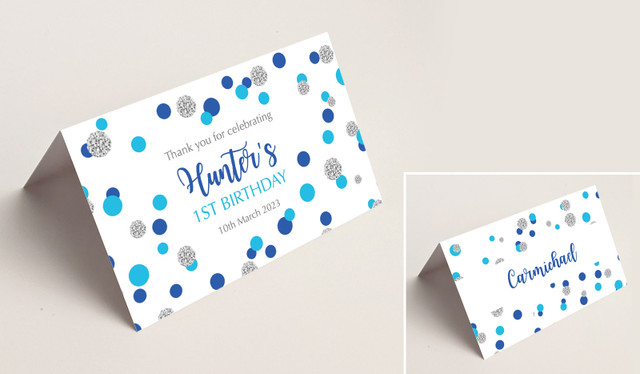 Confetti Blue And Silver Kids Party Place Cards With Guest Names