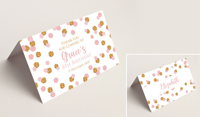 Confetti Pink And Gold Kids Party Place Cards With Guest Names