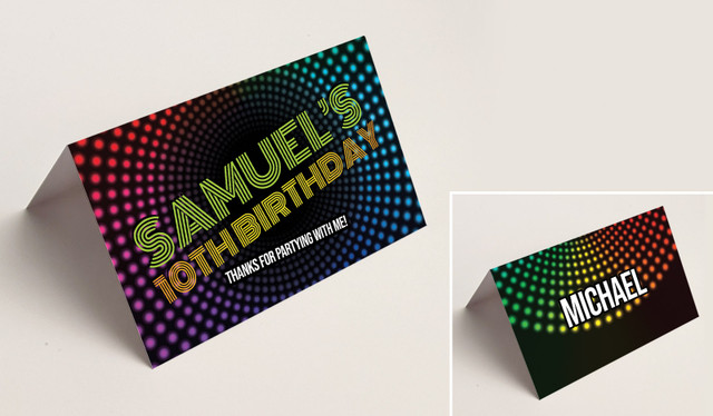 Disco Lights Kids Party Place Cards With Guest Names