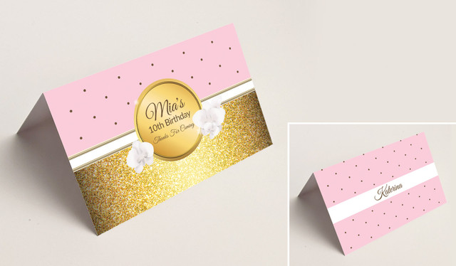 Pink & Gold Kids Party Place Cards With Guest Names