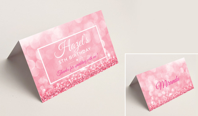 Pink Glitter Kids Party Place Cards With Guest Names