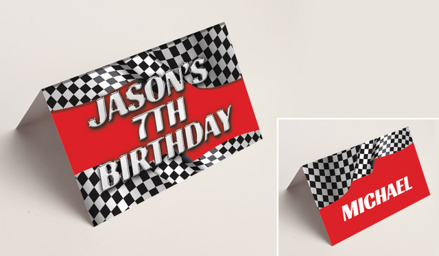 Racing Car Kids Party Place Cards With Guest Names