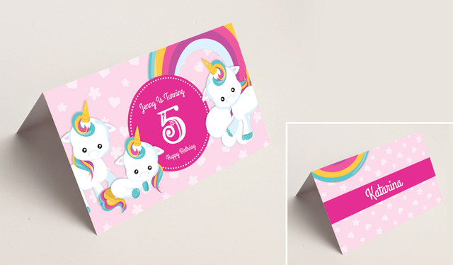 Unicorn Trio Kids Party Place Cards With Guest Names