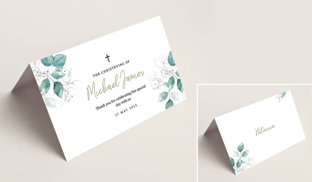 Dream Leaves Christening Place Cards With Guest Names