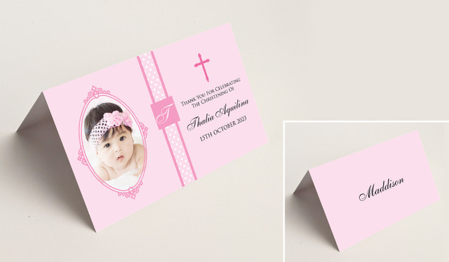 Initial Pink Christening Place Cards With Guest Names