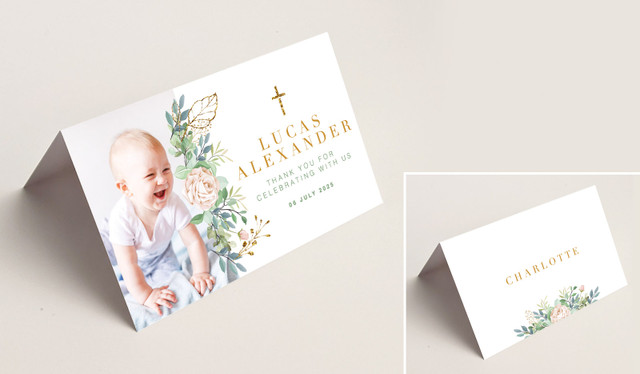 Leaves Photo Christening Place Cards With Guest Names