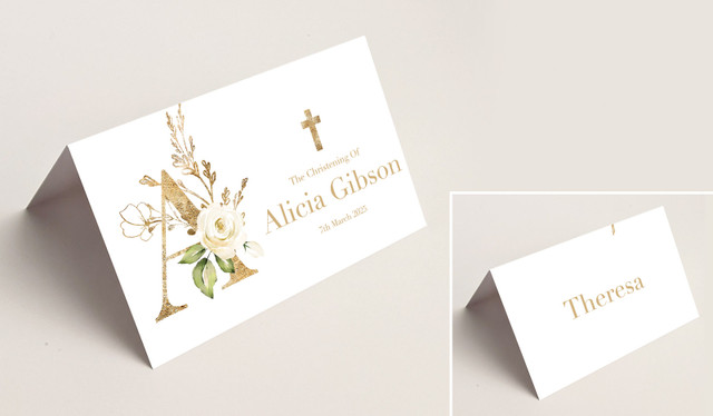 Monogram Rose Christening Place Cards With Guest Names