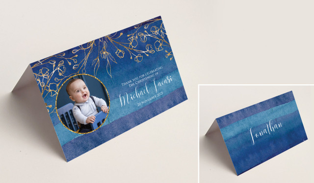 Navy Gold Photo Christening Place Cards With Guest Names