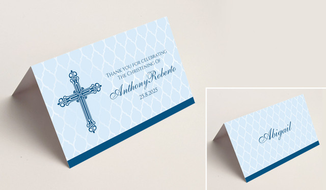 Religious Blue Christening Place Cards With Guest Names