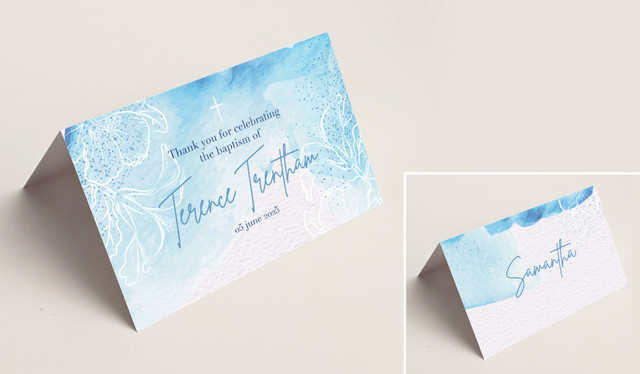 River Run Christening Place Cards With Guest Names