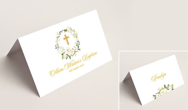 Rose Wreath Christening Place Cards With Guest Names