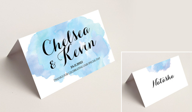 A Splash Of Watercolour Blue Wedding Place Cards With Guest Names