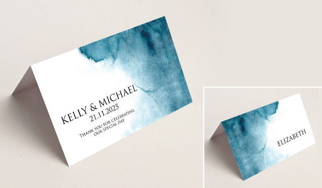 Blue Shade Wedding Place Cards With Guest Names