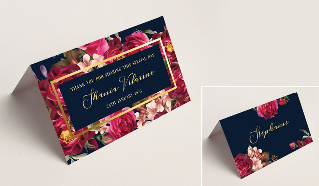 Bold Floral Wedding Place Cards With Guest Names
