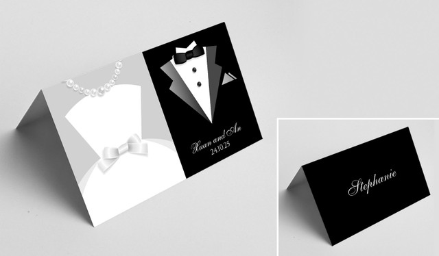 Bride & Groom Dress Wedding Place Cards With Guest Names