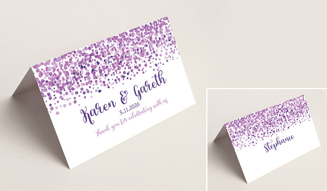 Confetti Purple Wedding Place Cards With Guest Names