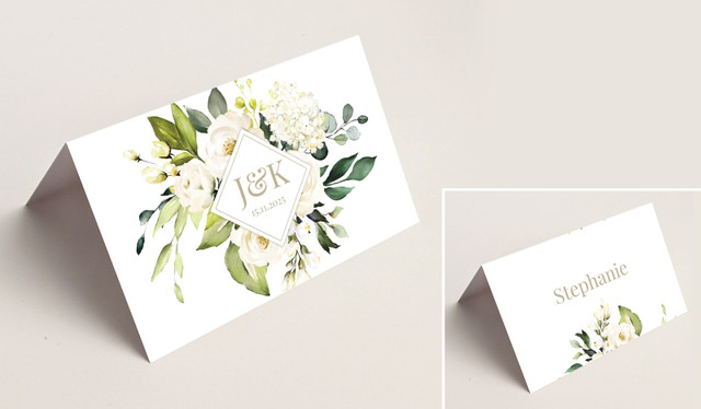 Diamond On White Roses Wedding Place Cards With Guest Names