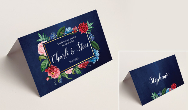 Floral Frame On Navy Wedding Place Cards With Guest Names