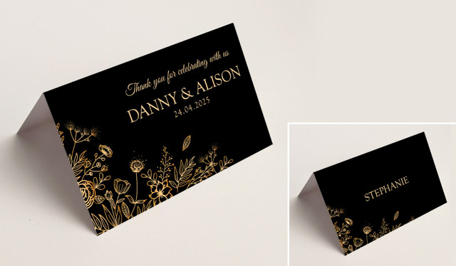 Flowers On Black Wedding Place Cards With Guest Names