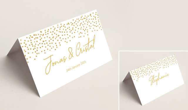 Gold Confetti On White Wedding Place Cards With Guest Names