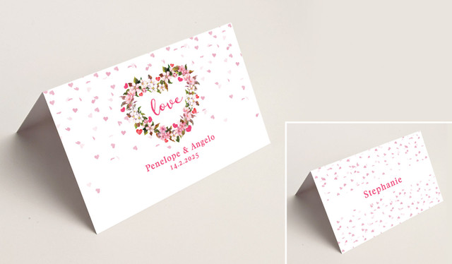 Heart Shaped Floral Wedding Place Cards With Guest Names