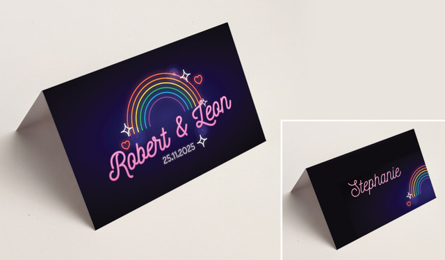 Neon Rainbow Wedding Place Cards With Guest Names