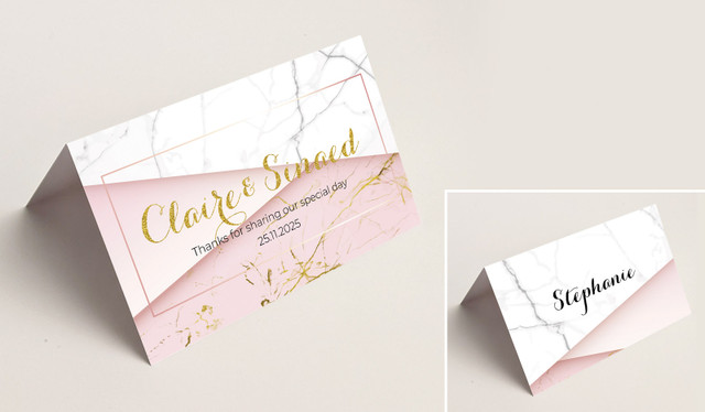 Pink And Marble Wedding Place Cards With Guest Names