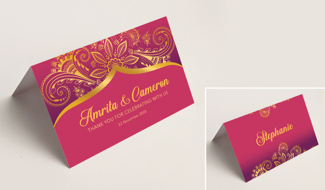 Regal Pink And Gold Wedding Place Cards With Guest Names