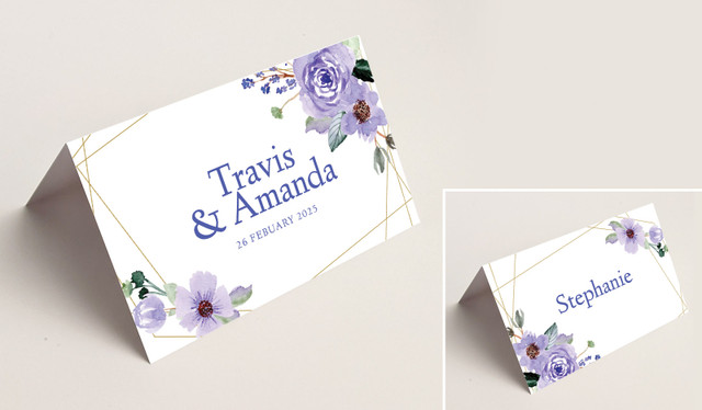 Violets On Gold Frame Wedding Place Cards With Guest Names
