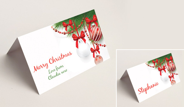 White Baubles Christmas Place Cards With Guest Names