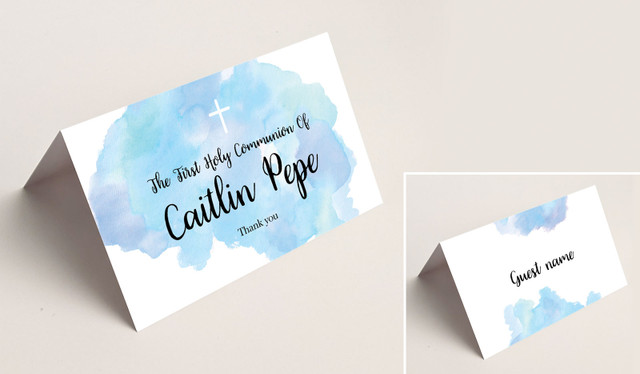 A Splash Of Watercolour Blue Communion Place Cards With Guest Names