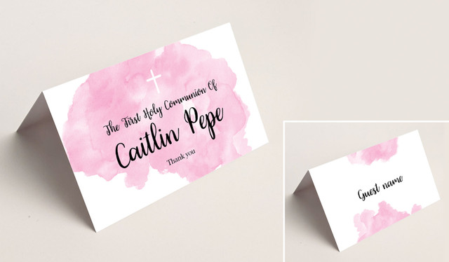 A Splash Of Watercolour Pink Communion Place Cards With Guest Names