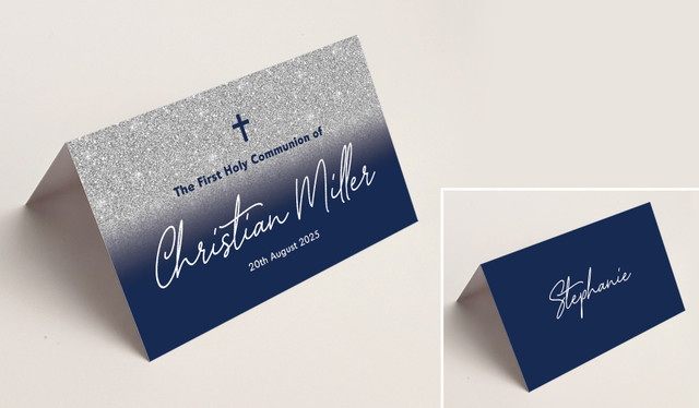Blue and Silver glitter Communion Place Cards With Guest Names