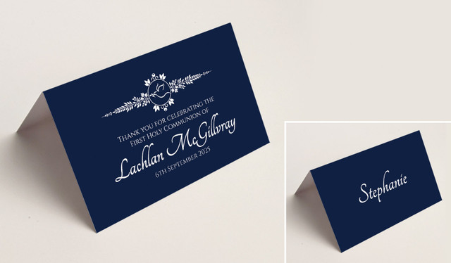 Dove Crest Blue Communion Place Cards With Guest Names