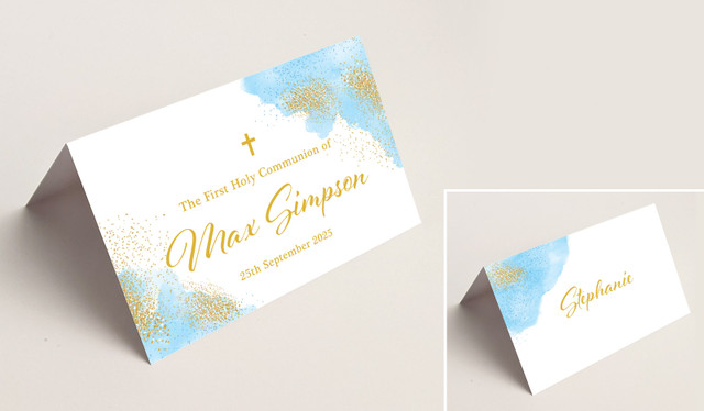 Gold Sparkle on Blue Communion Place Cards With Guest Names