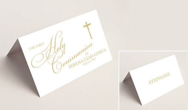 Gold Writing Communion Place Cards With Guest Names