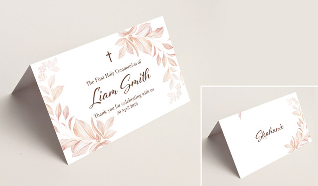 Natural Leaves Communion Place Cards With Guest Names
