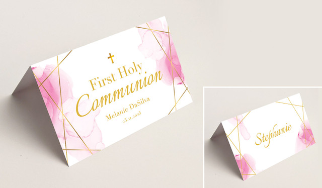 Pink Watercolour with Gold Communion Place Cards With Guest Names