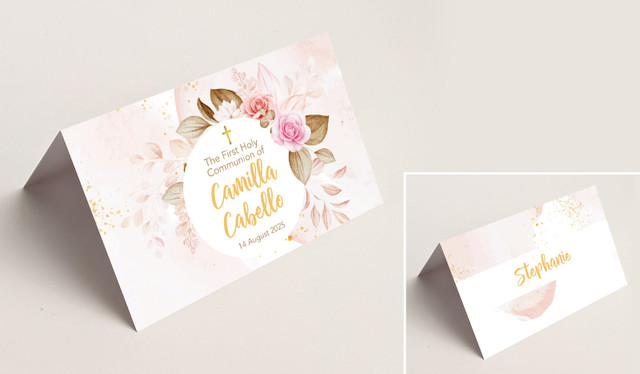 Pretty Roses Communion Place Cards With Guest Names