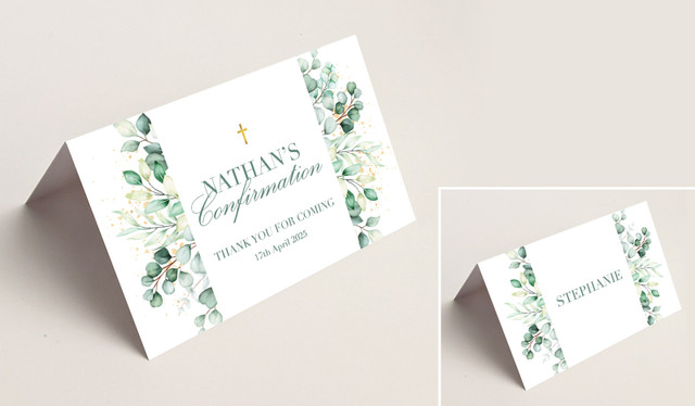 Eucalyptus Watercolour Confirmation Place Cards With Guest Names